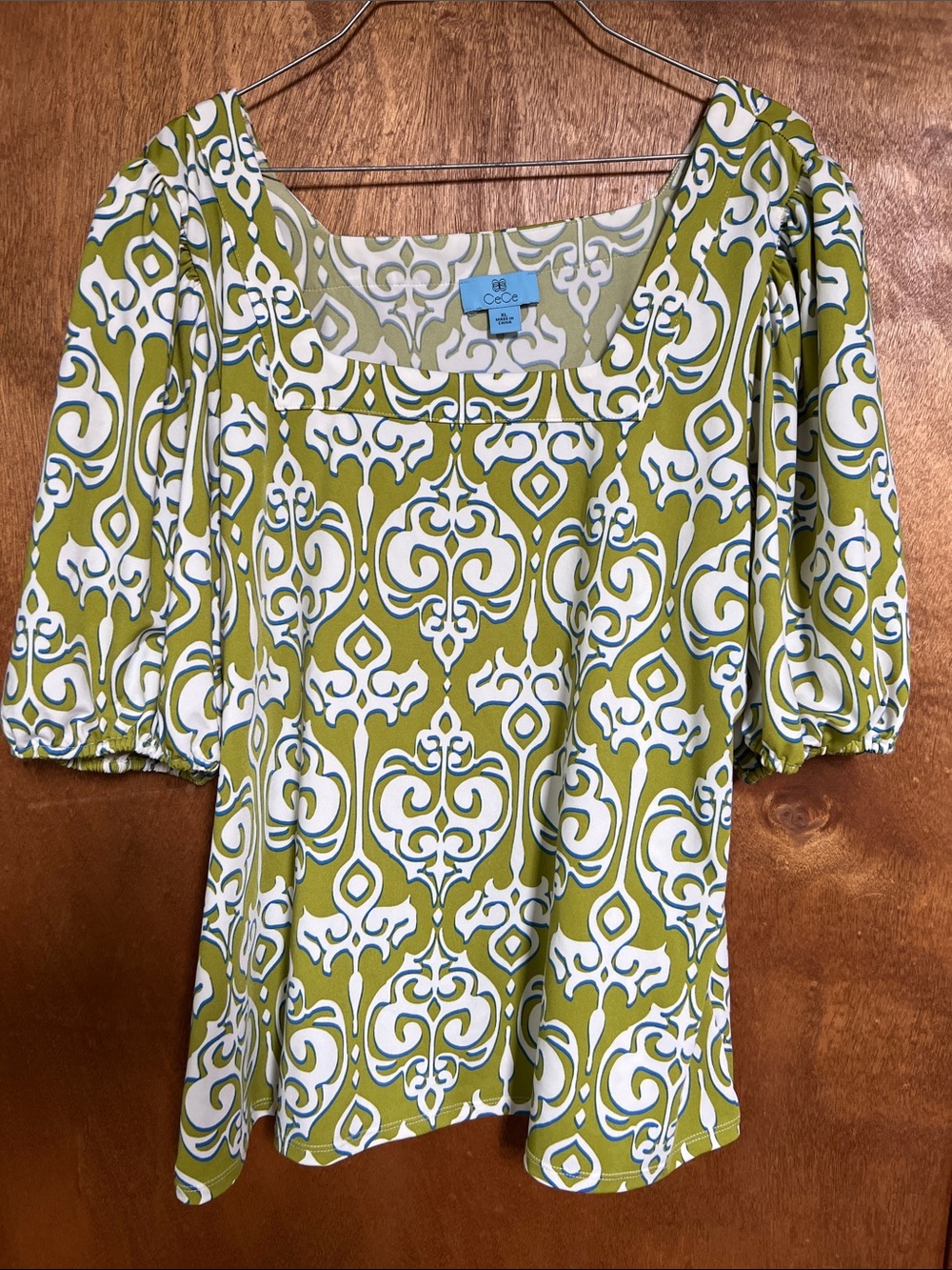CeCe Olive & White Square-Neck Puff Sleeve Blouse